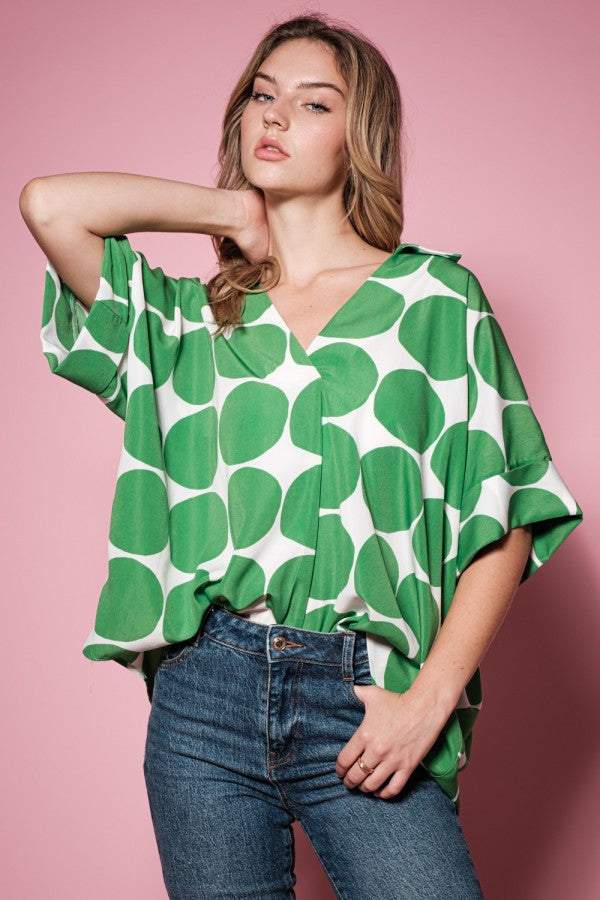 Dotted Roll-Up Sleeve Collared Tunic Top