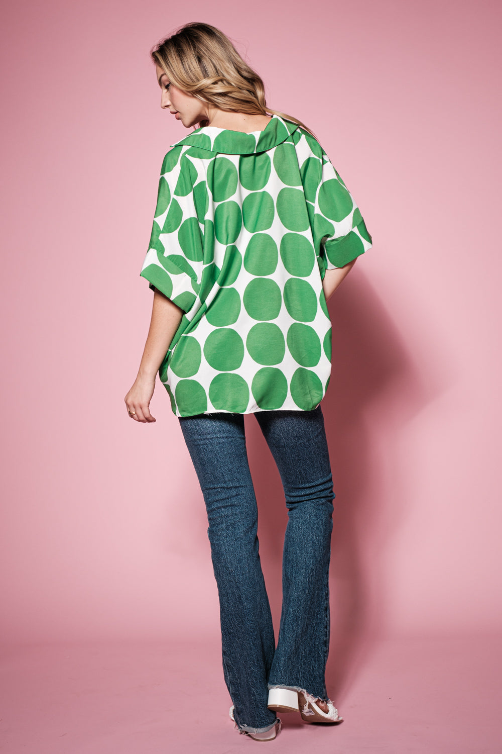 Dotted Roll-Up Sleeve Collared Tunic Top