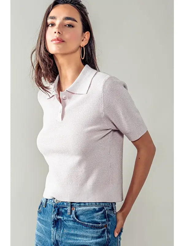 Ribbed Knit Collared Short Sleeve Polo
