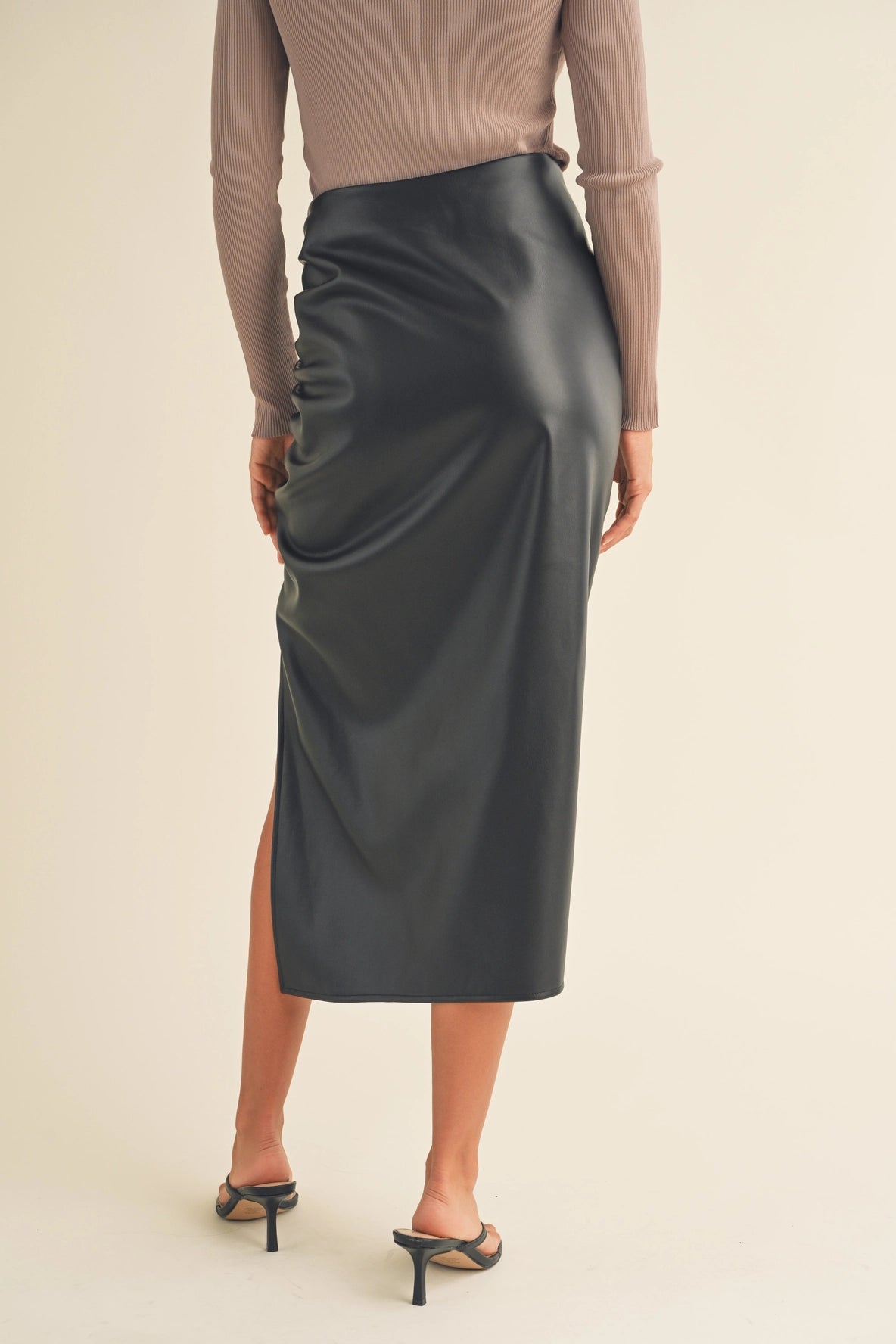 Ruched with Slit Front Faux Leather Skirt