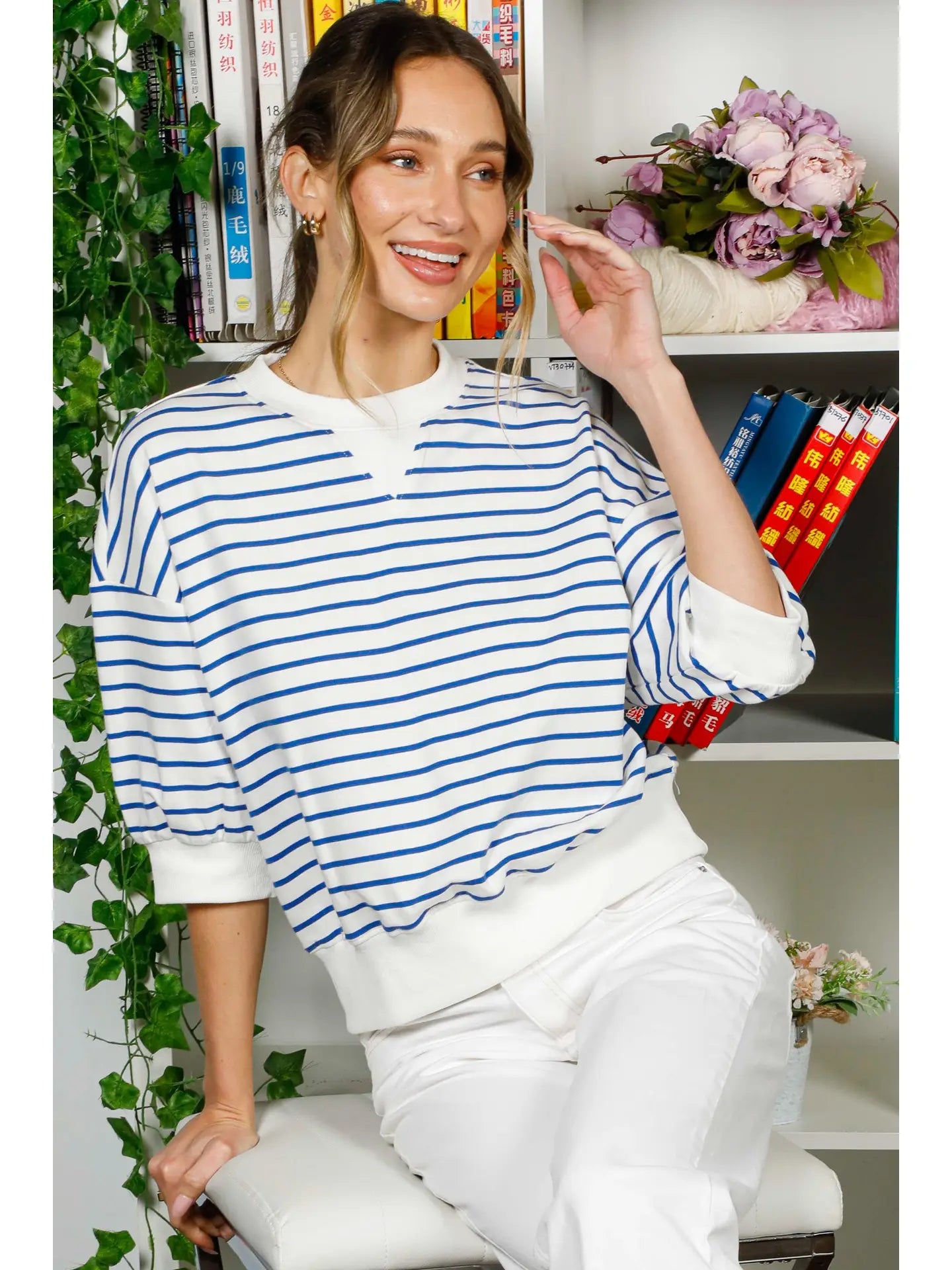 Crew Neck 1/2 Sleeve Cotton Strip Sweatshirt Top