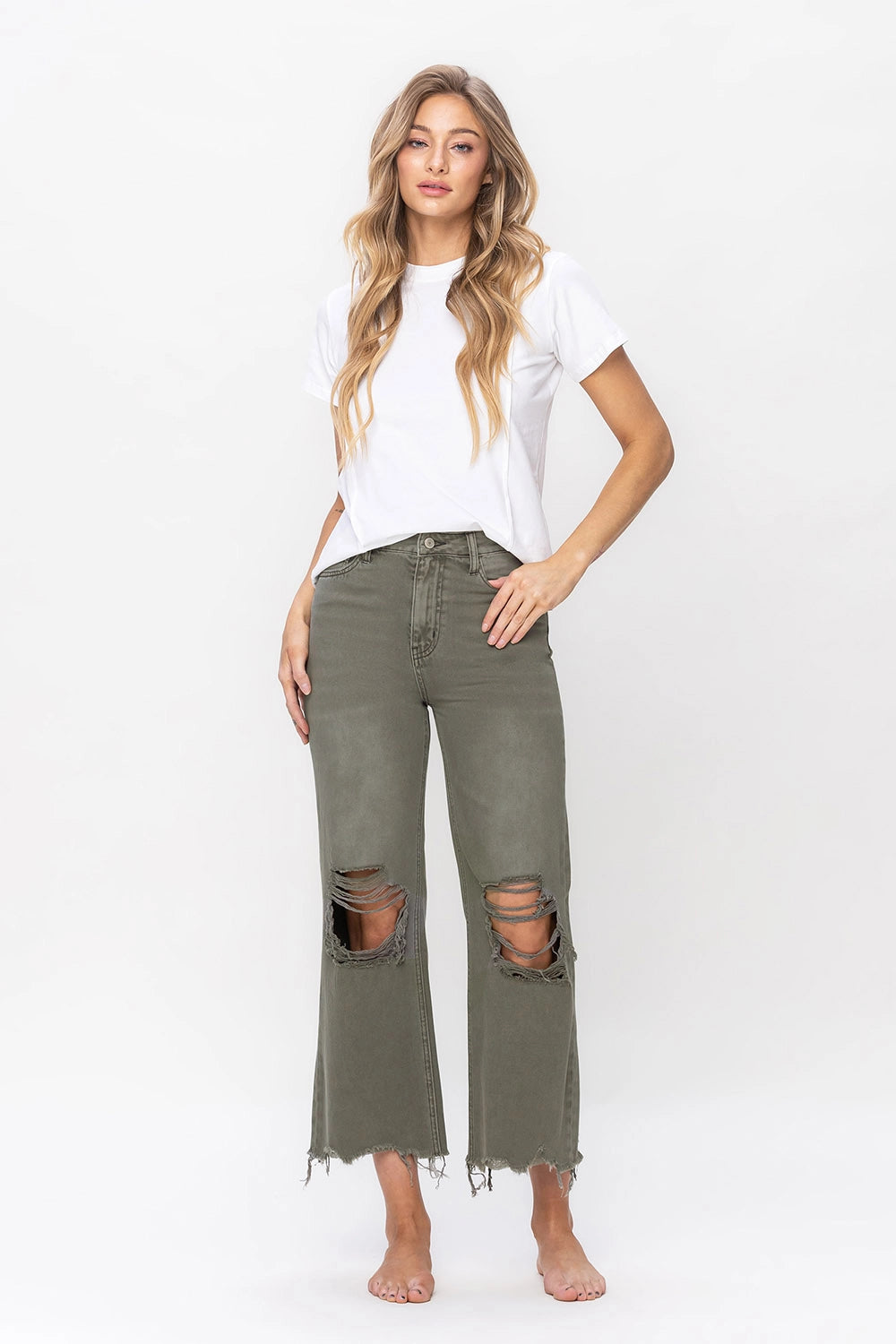90's Vintage High Rise Crop Flare Jean | Green