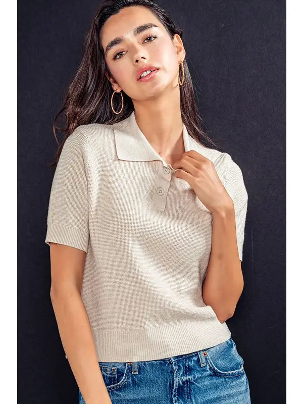Ribbed Knit Collared Short Sleeve Polo
