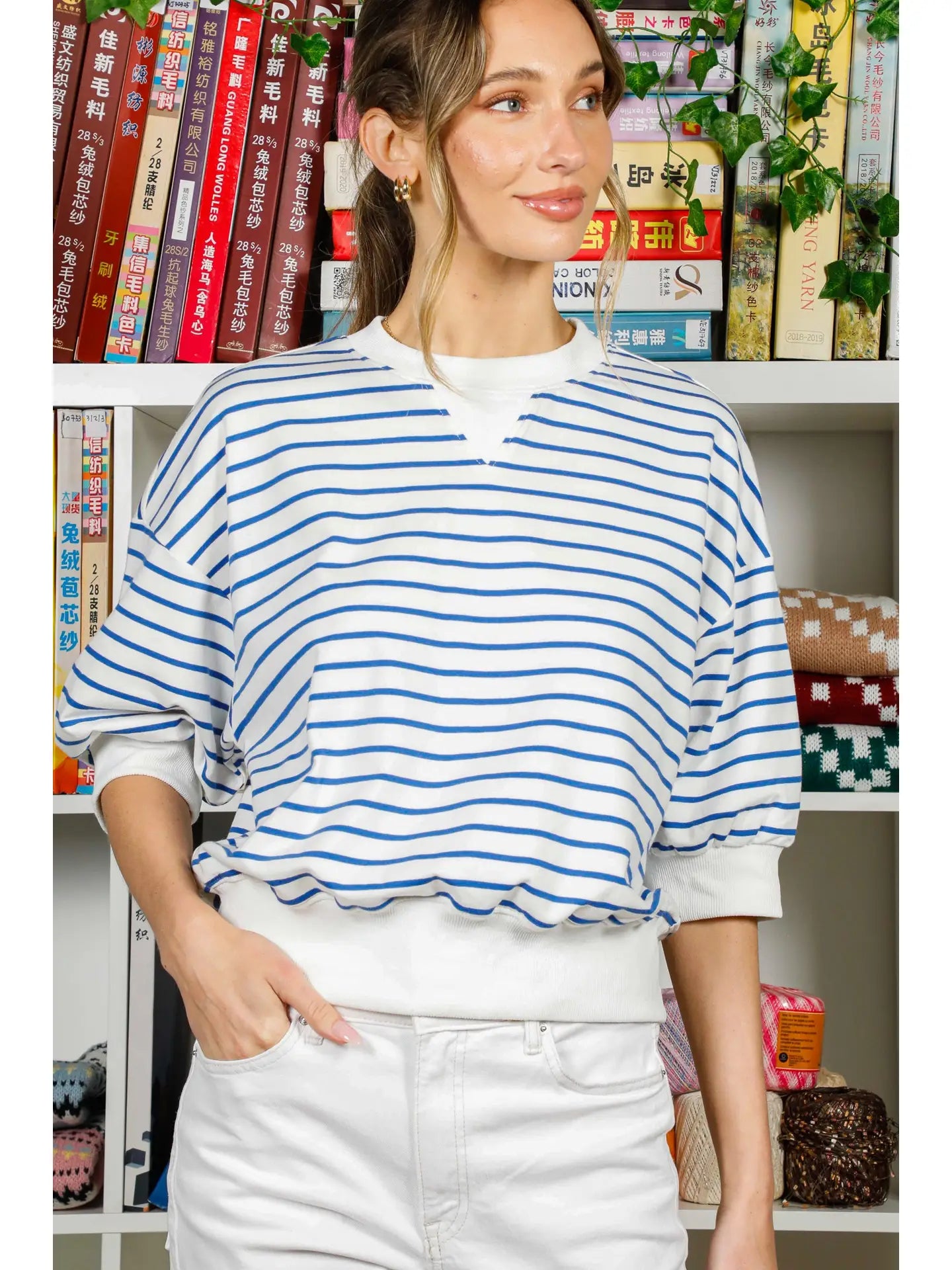 Crew Neck 1/2 Sleeve Cotton Strip Sweatshirt Top