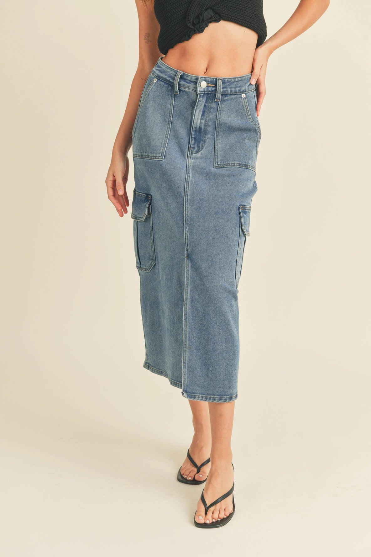 Washed Stretch Denim w/ Pocker Detail Cargo Skirt