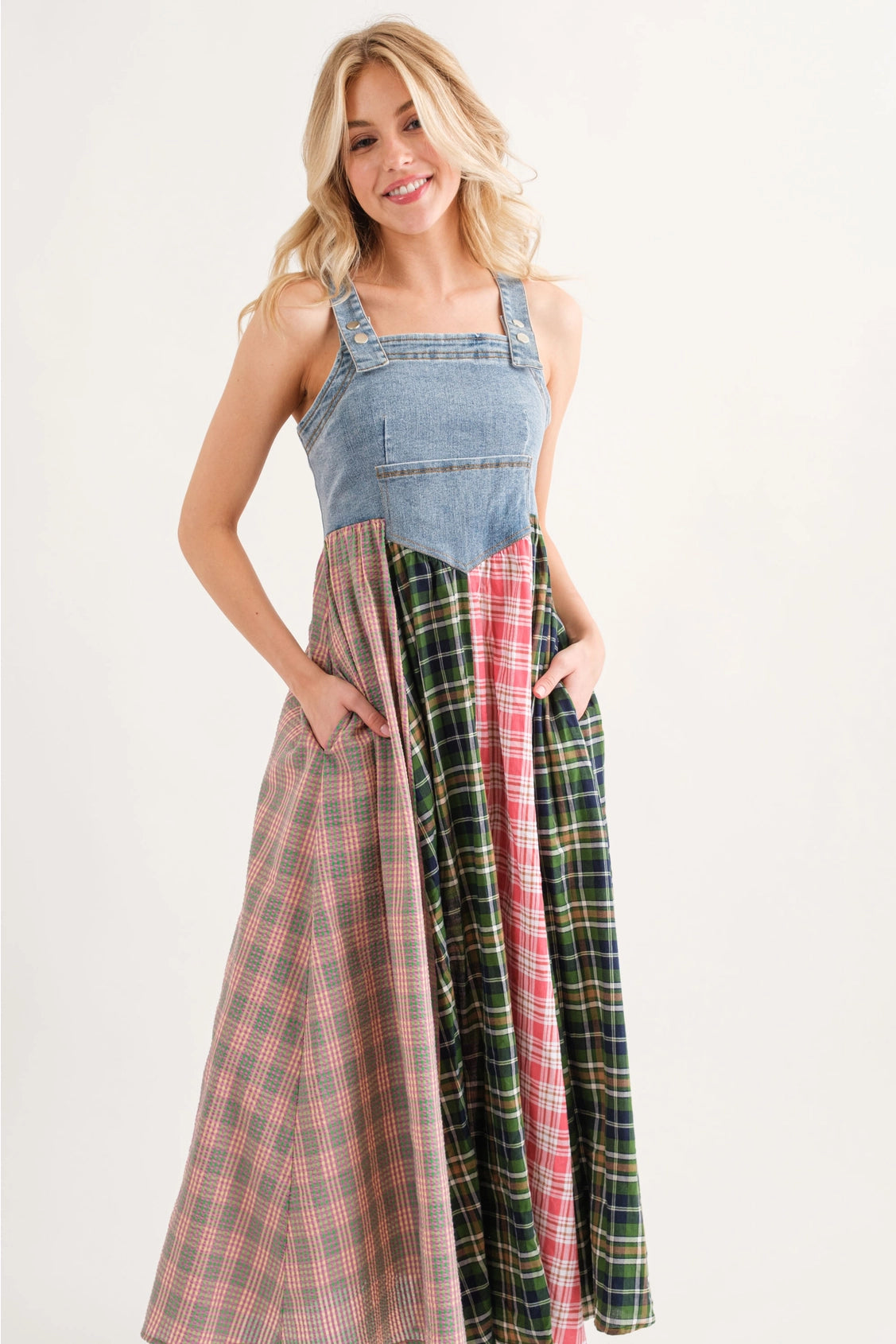 Denim Multi Fabric Pleated Suspender Dress | Green Multi