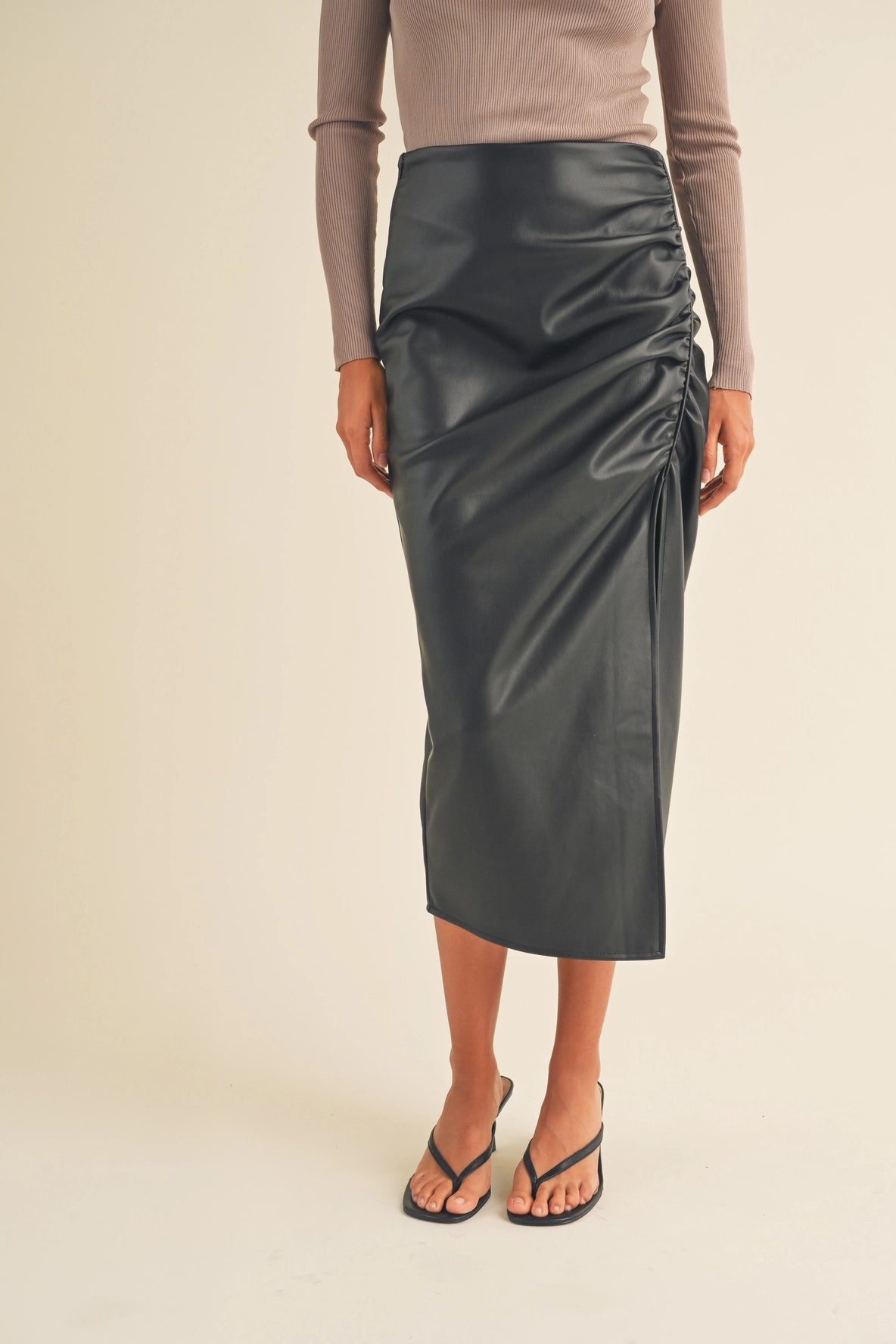 Ruched with Slit Front Faux Leather Skirt