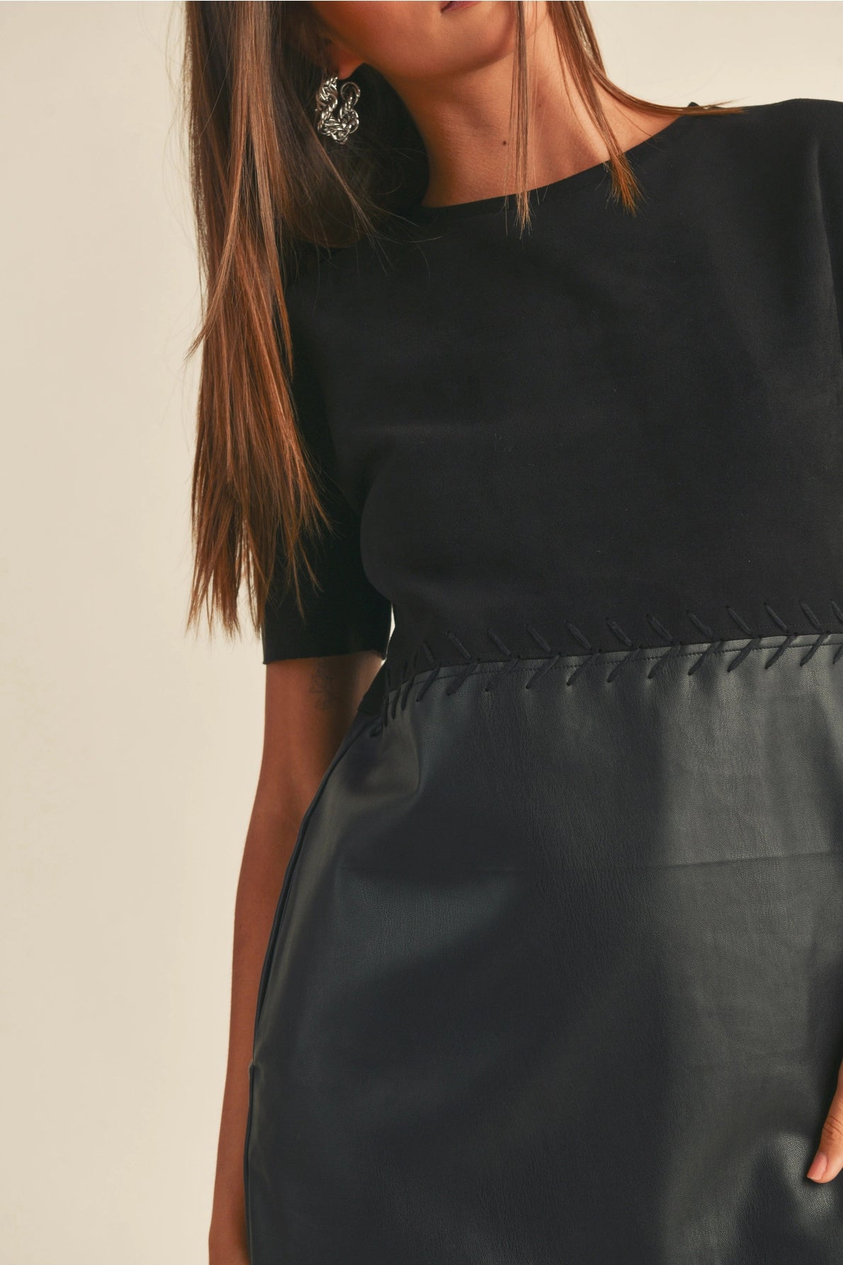 Faux Leather Suede Combo Shift Dress