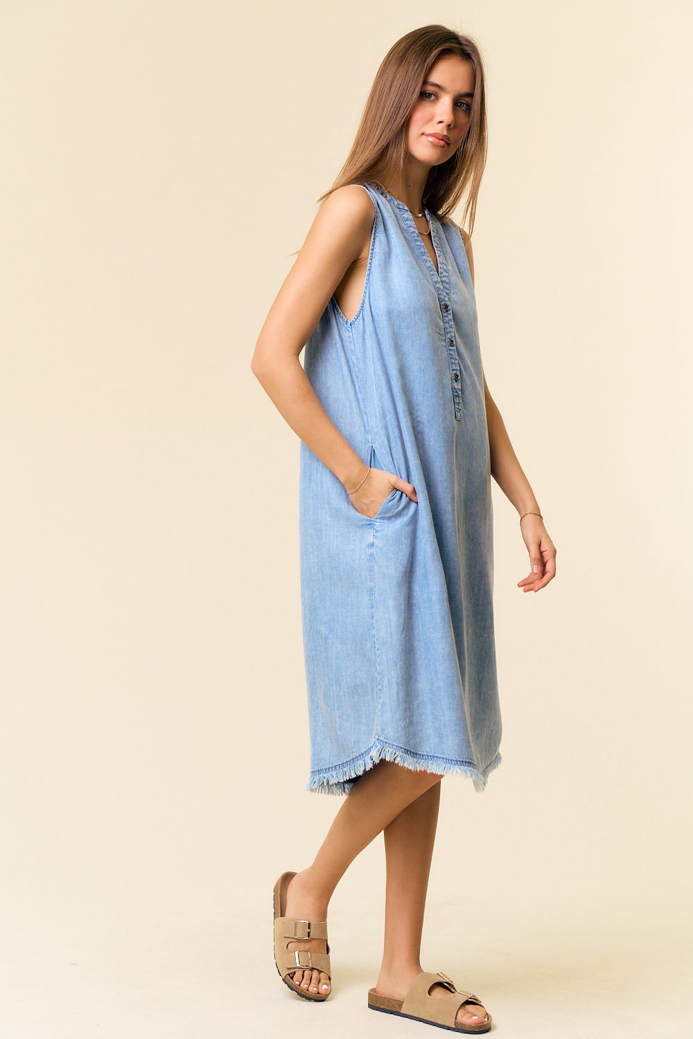 Tencel Denim Knee Length Sleeveless Henley Dress