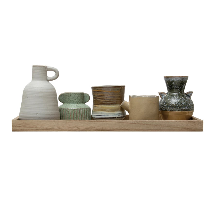 Mango Wood Tray w/ 3 Vases & 2 Planters