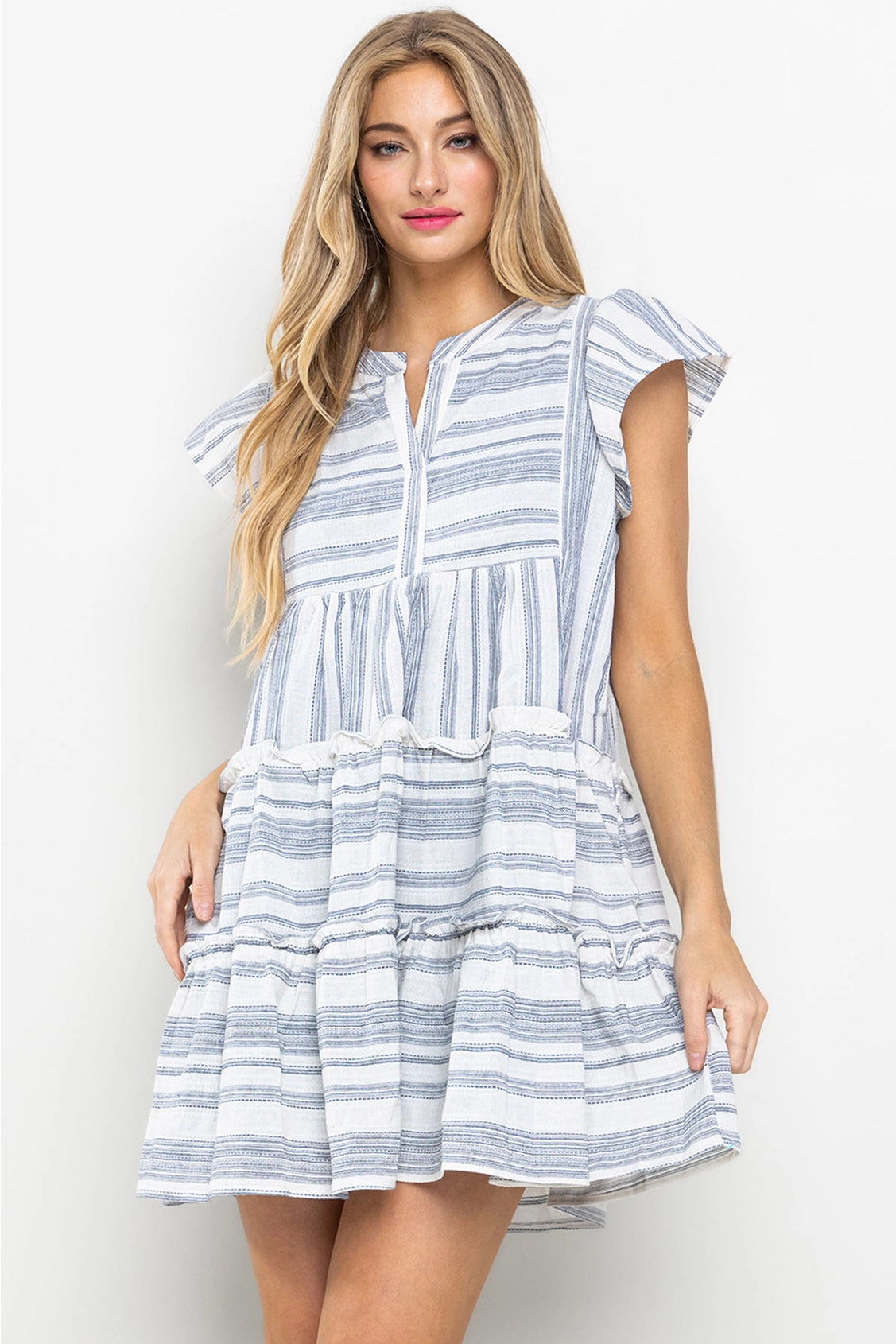 Linen Stripe Ruffle Sleeve Mini Dress