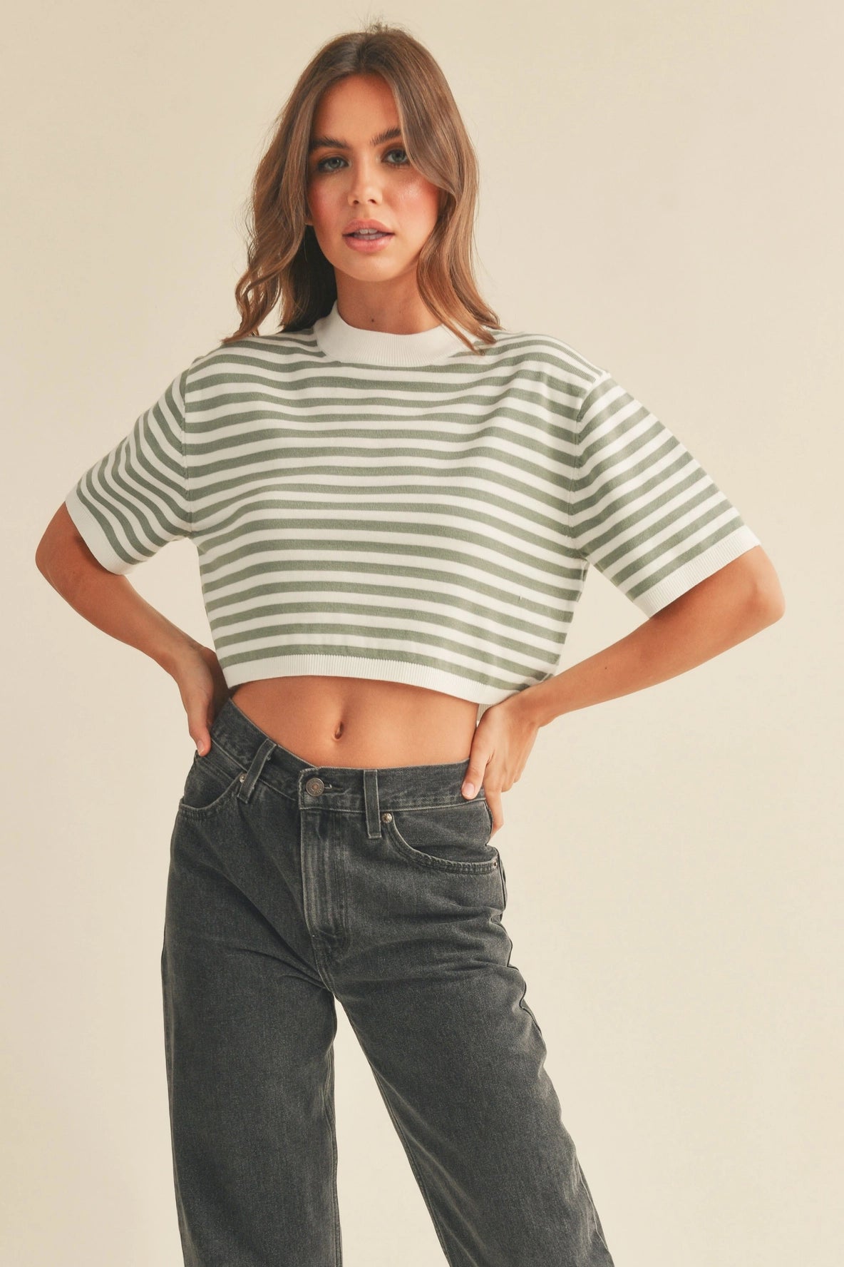 Short Sleeve Stripe Pattern Knitted Top