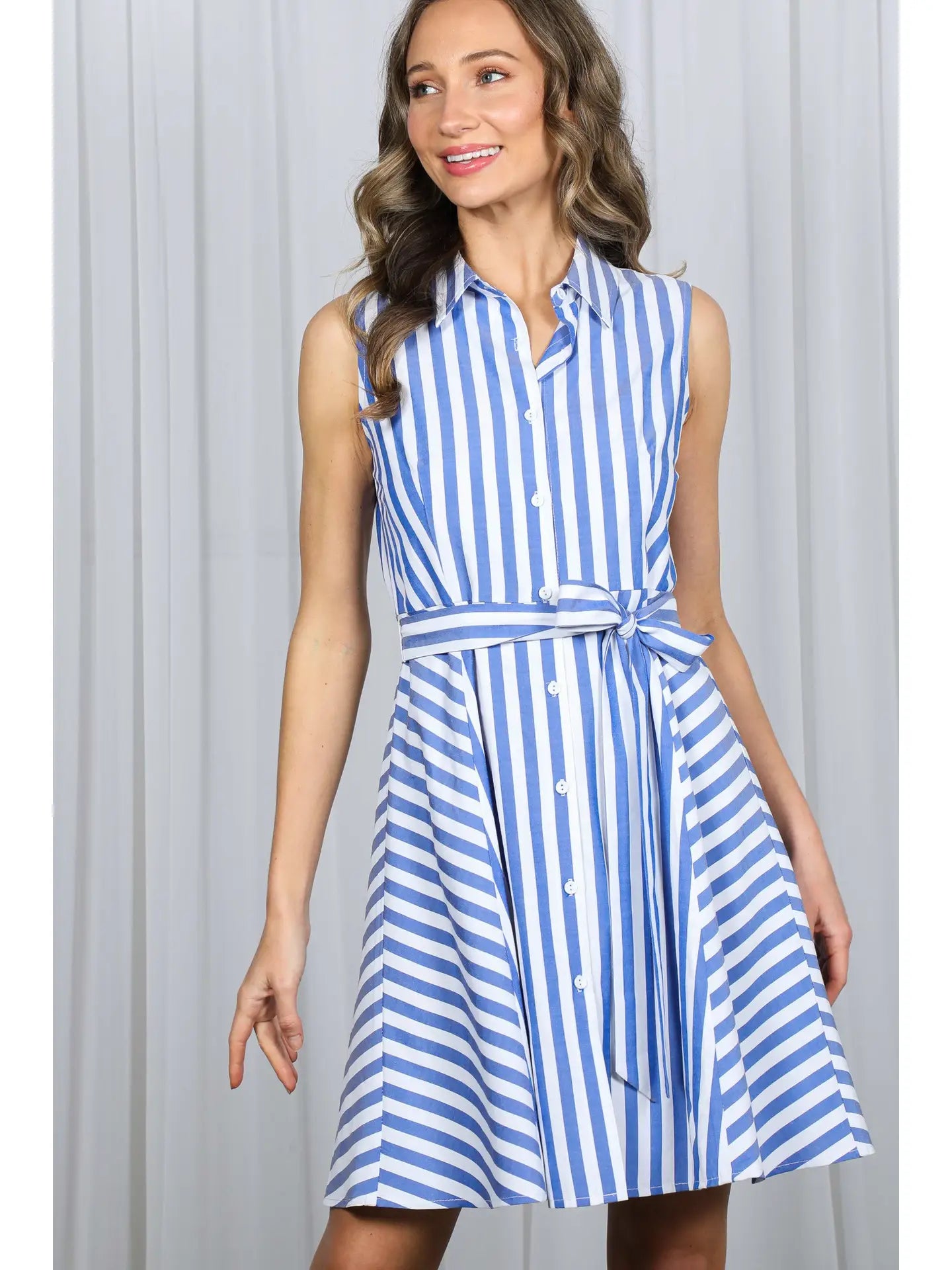 Sleeveless Self Tie Striped Shirt Dress