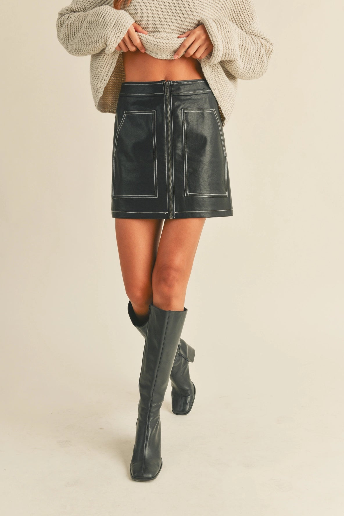 Color Stitch Detail Zip Front Faux Leather Skirt