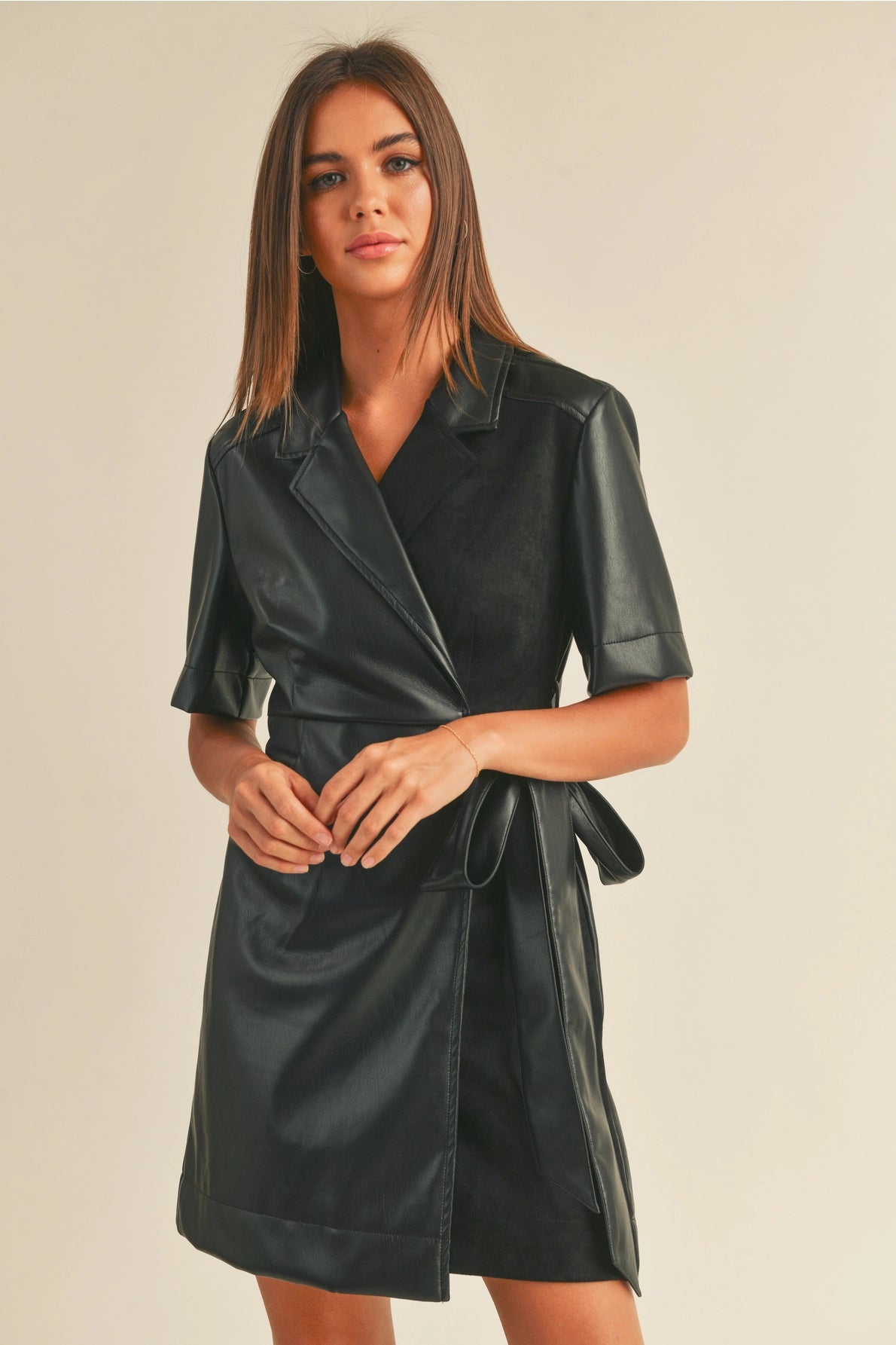 Pleather Collared Wrap Dress