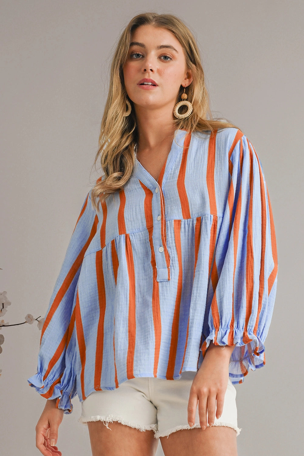 Textured Stripe Buttoned Front Cotton Shirt