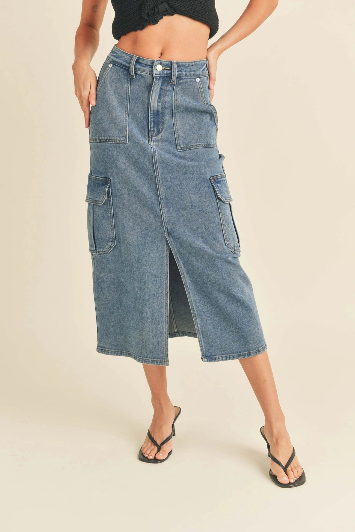 Washed Stretch Denim w/ Pocker Detail Cargo Skirt