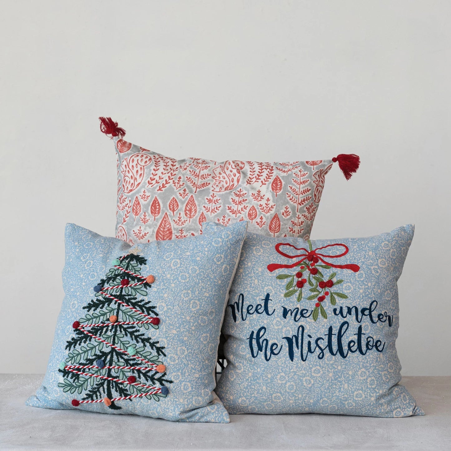 Square Cotton Printed Slub Pillow w/ Mistletoe