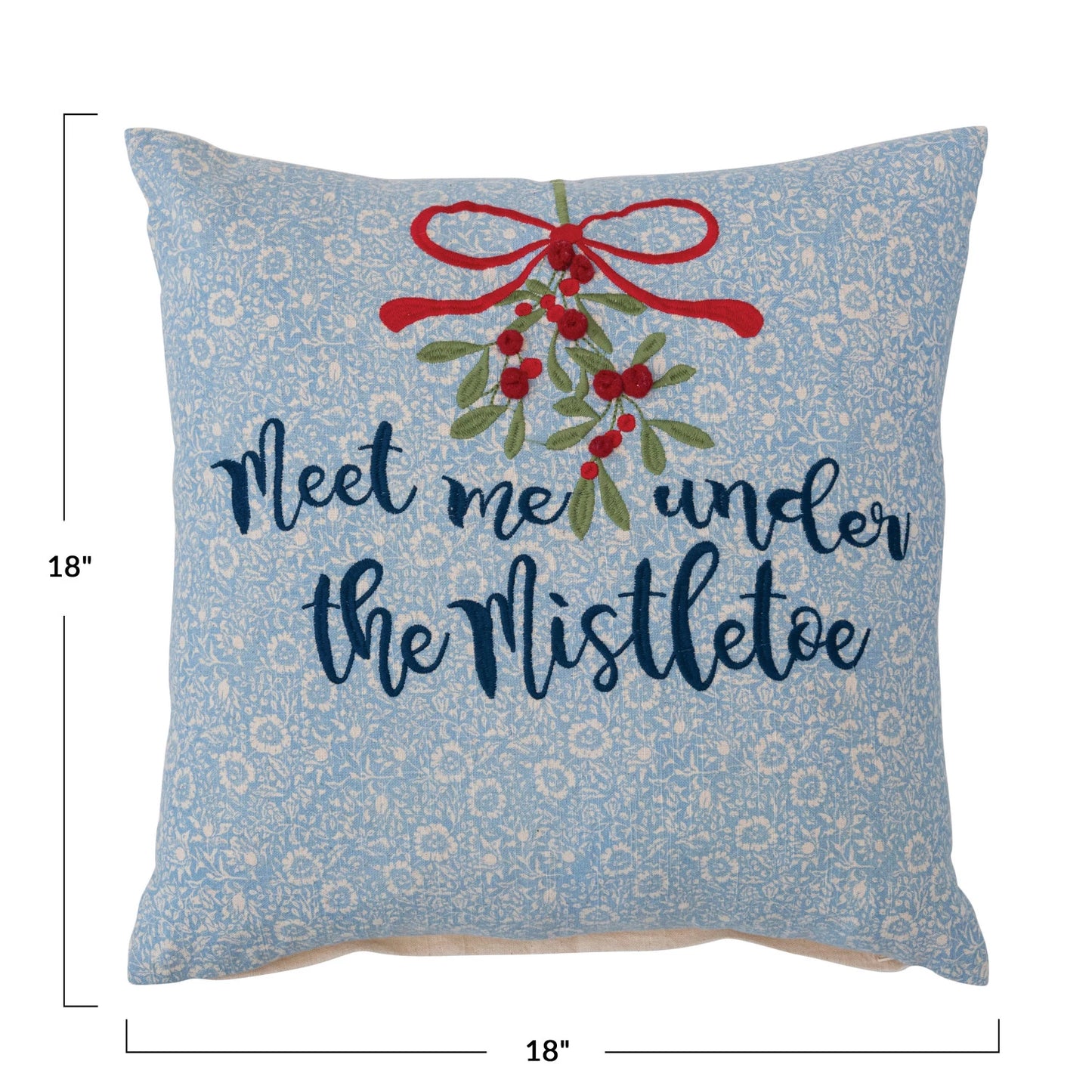 Square Cotton Printed Slub Pillow w/ Mistletoe