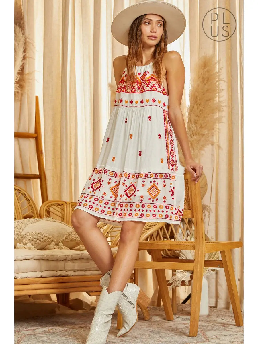 Plus | Aztec Embroidery Halter Dress