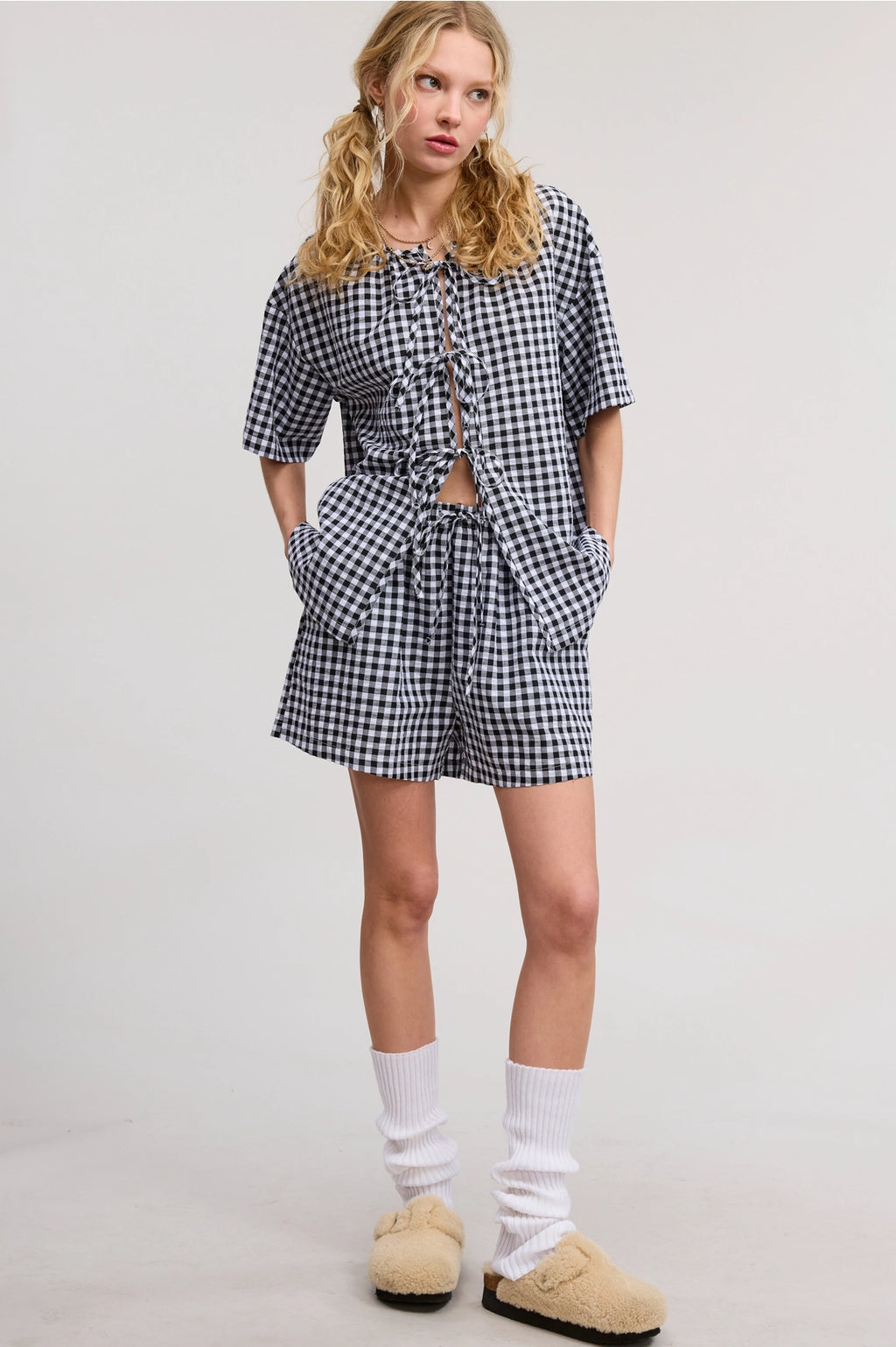 Gingham Open-Front Self-Tie Ribbon Top and Shorts Set