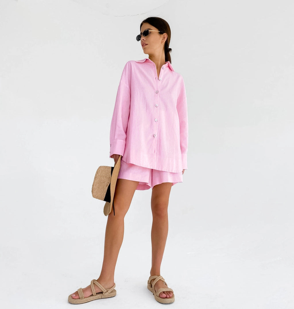 Solid Color Shirt and Long loose Shorts 2 Peice Set
