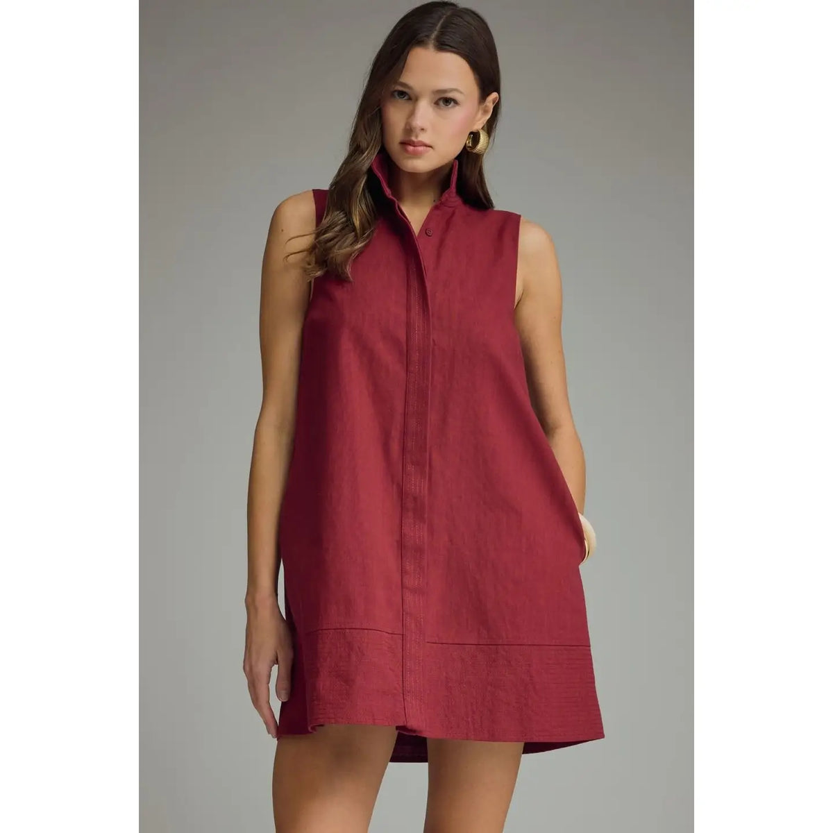New Solid Stand Collar Sleeveless Mini Dress