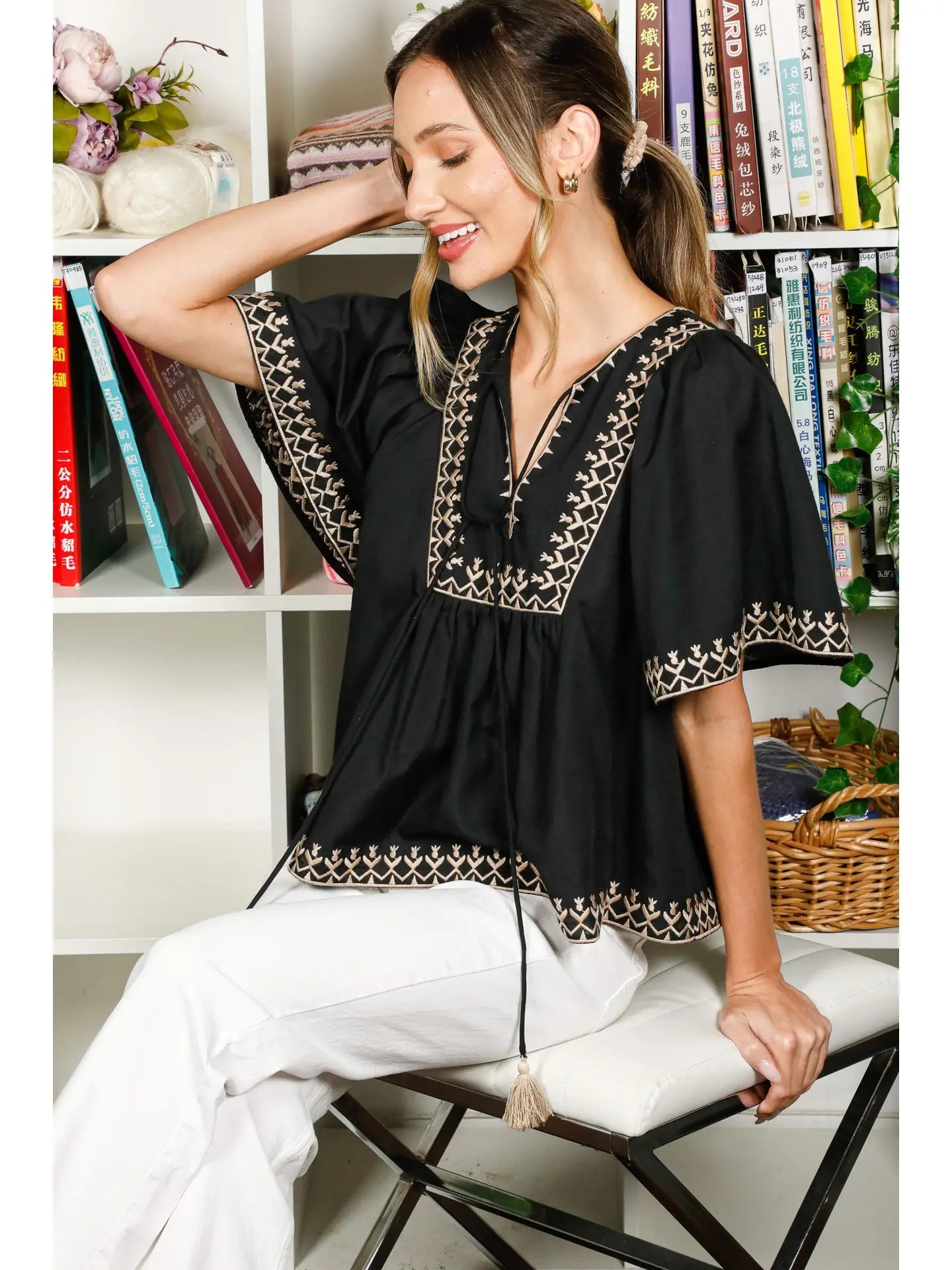 Tie Neck Bohemian Embroidered Blouse