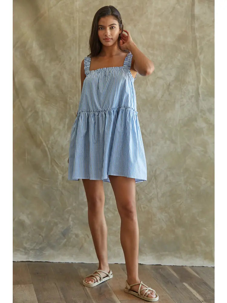 Woven Cotton Gauze Straight Neck Ruffle Sleeveless Mini Dress