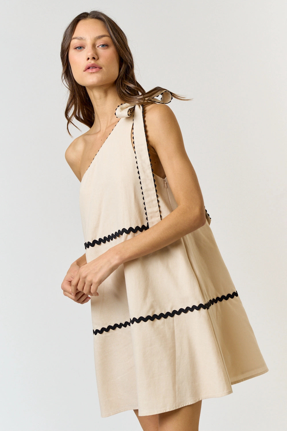 Linen Scalloped One Shoulder Babydoll Dress