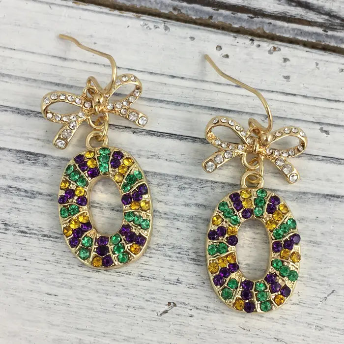 Mardi Gras Stone Bow King Cake Earrings