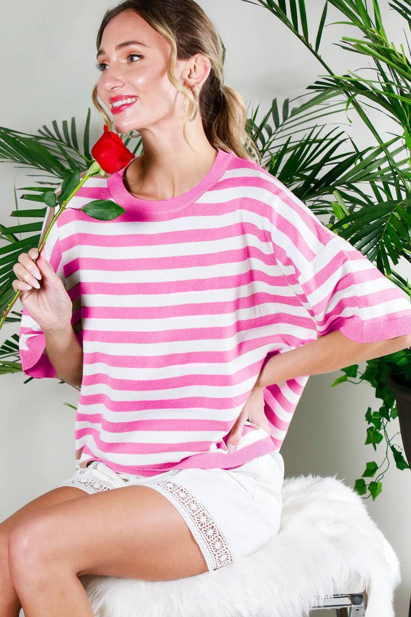 Crew Neck Short-Sleeve Stripe Sweater