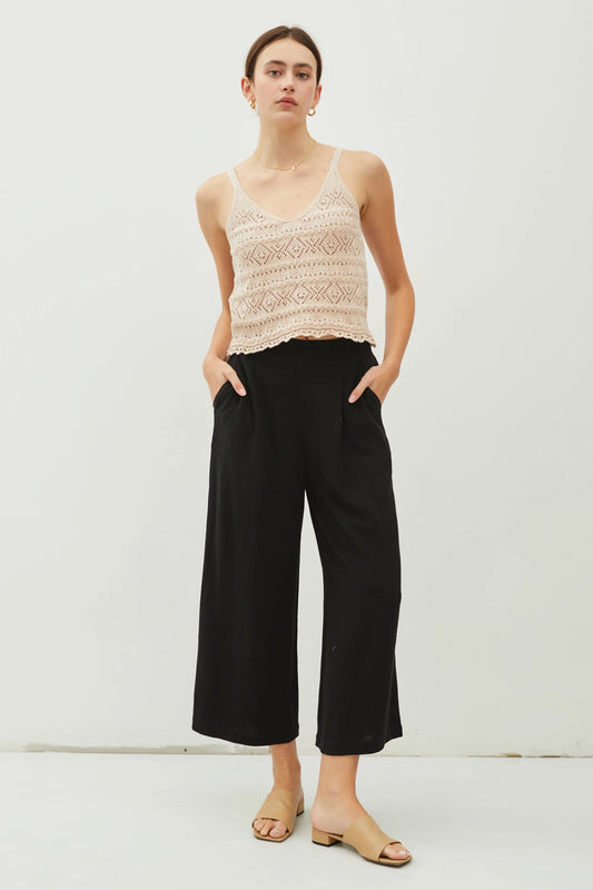 Linen Blend Pleated Wide Leg Crop Trousers