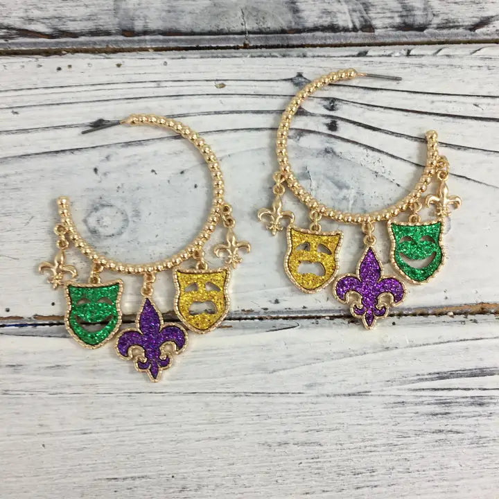 Mardi Gras Charm Hoop Earrings