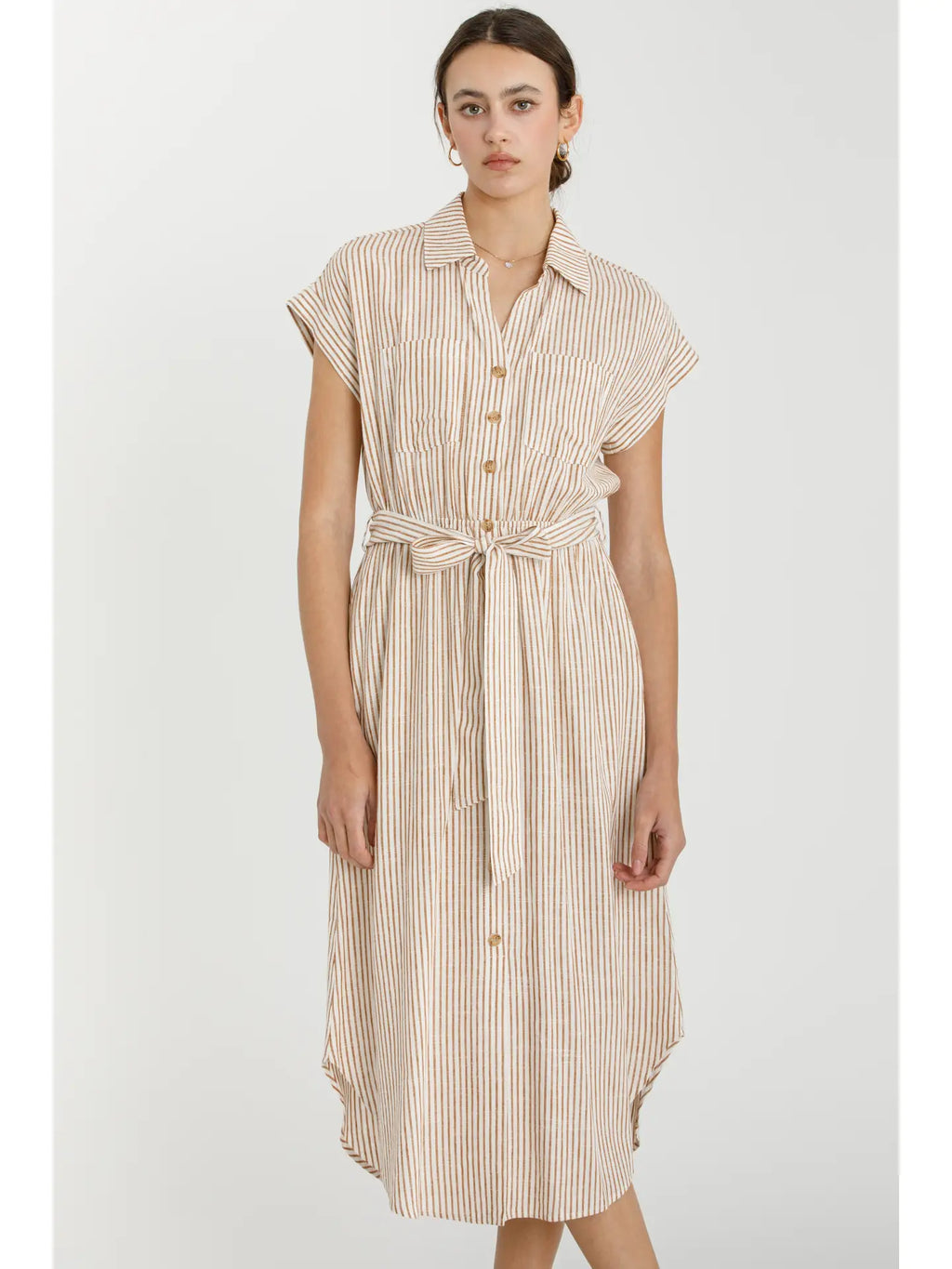 Striped Utility Style Shirt Dress W Waist Tie