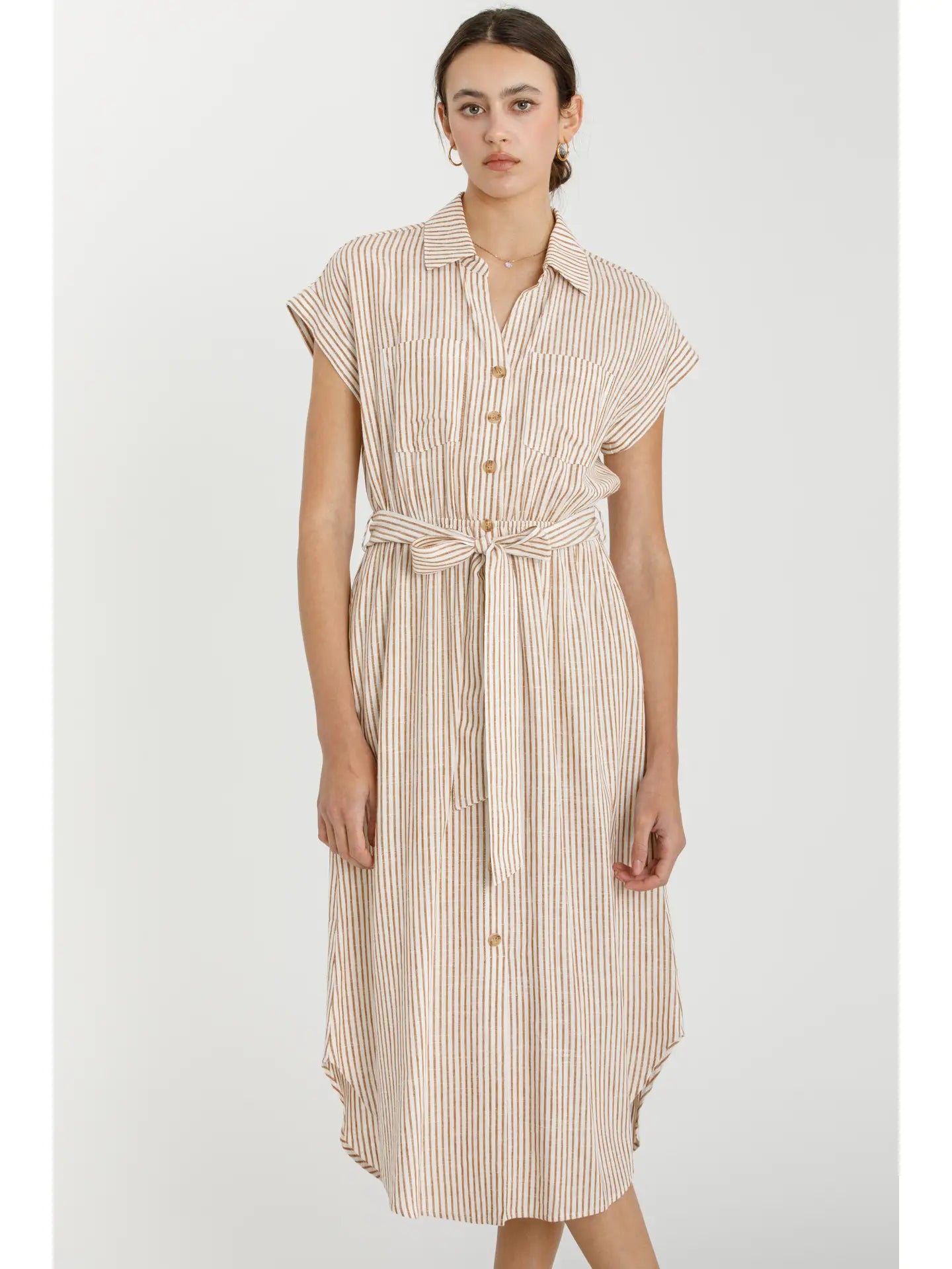 Striped Utility Style Shirt Dress W Waist Tie