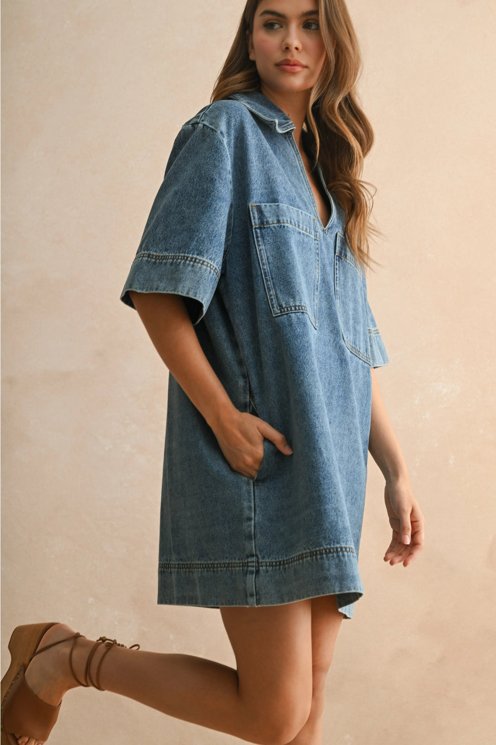 V-Neck Denim Tunic Dress