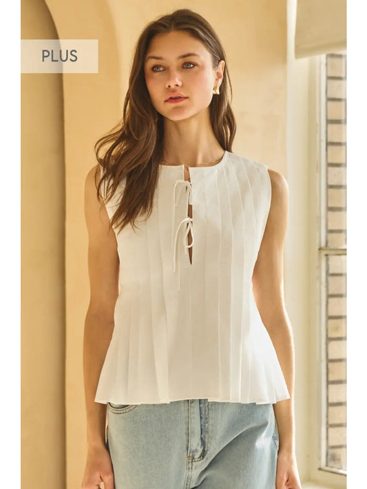 Plus | Solid Poplin Pleated Sleeveless Top