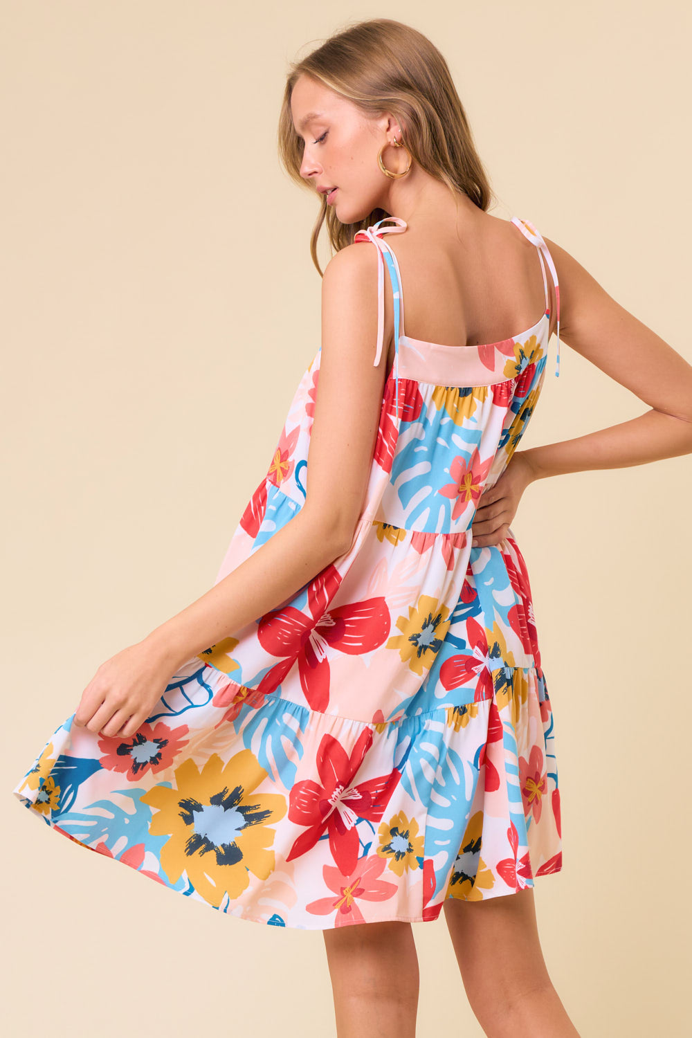 Floral Printed Tie Strap Tiered Mini Dress