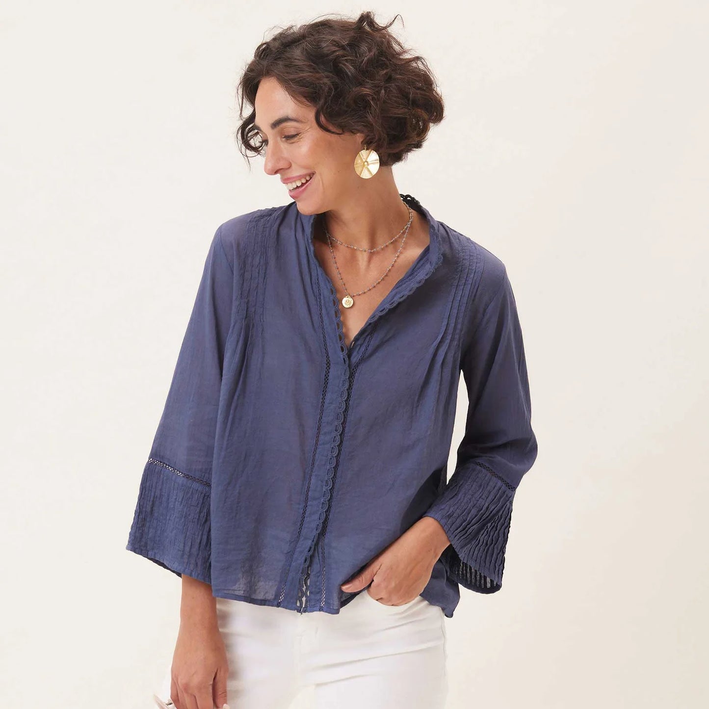 Easy Lightweight White Cotton Blouse | Navy