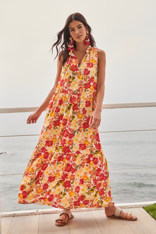 Didion Floral Split Neck Tiered Maxi Dress