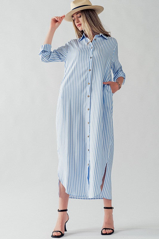 Elsie Polyester Stripe Long Shirt Dress