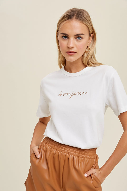 Bonjour Embroidered Knit Top