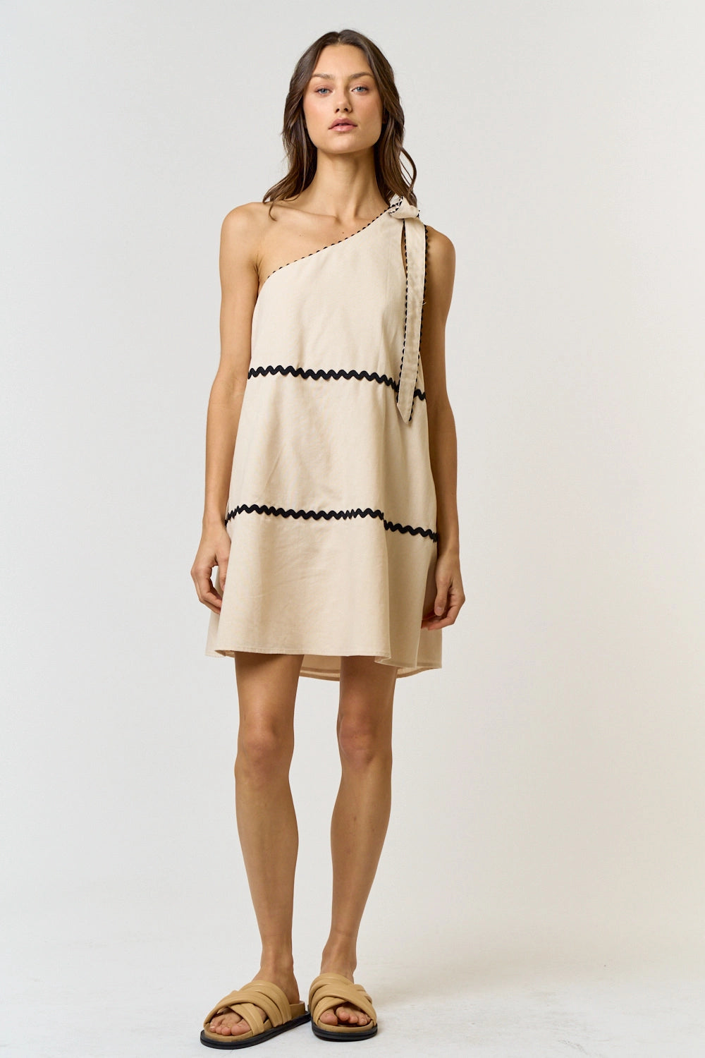 Linen Scalloped One Shoulder Babydoll Dress