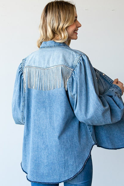 Plus | Rhinestone Fringe Denim Jacket