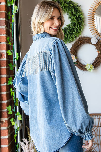 Plus | Rhinestone Fringe Denim Jacket