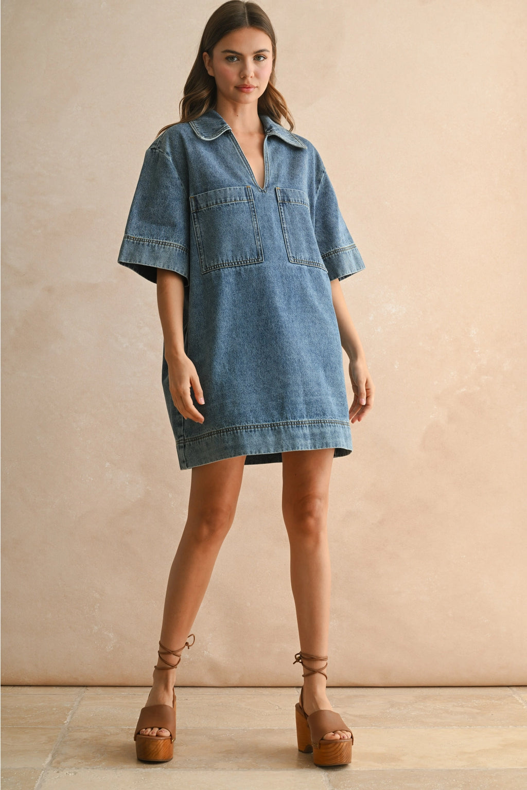 V-Neck Denim Tunic Dress