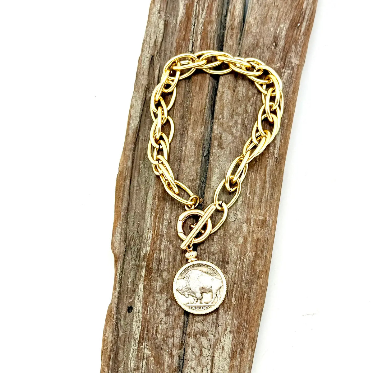Bracelet Buffalo Nickel On Aluminum Vintage Chainw/Toggle 7”