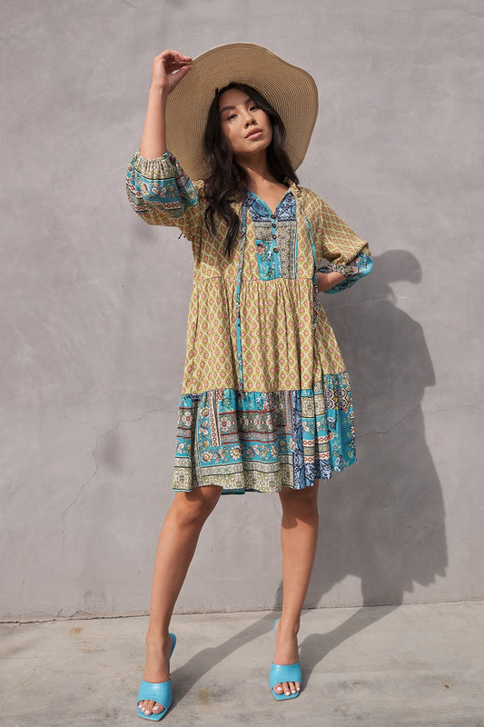 Contrast Border Printed Mini Dress