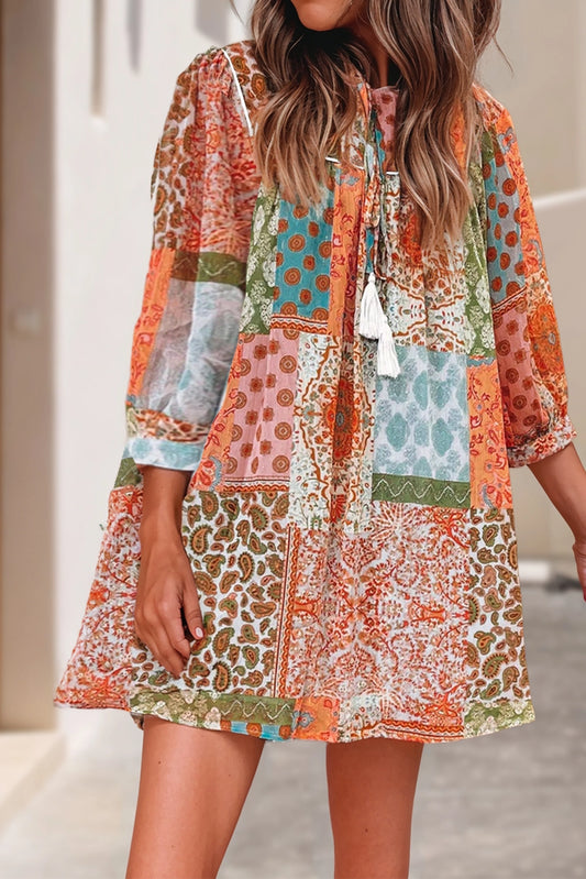 Boho Paisley Print Tied Front Mini Dress